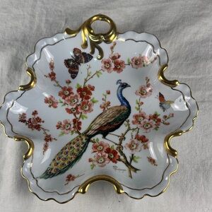 Gold-Trimmed Floral Peacock Serveware Dish